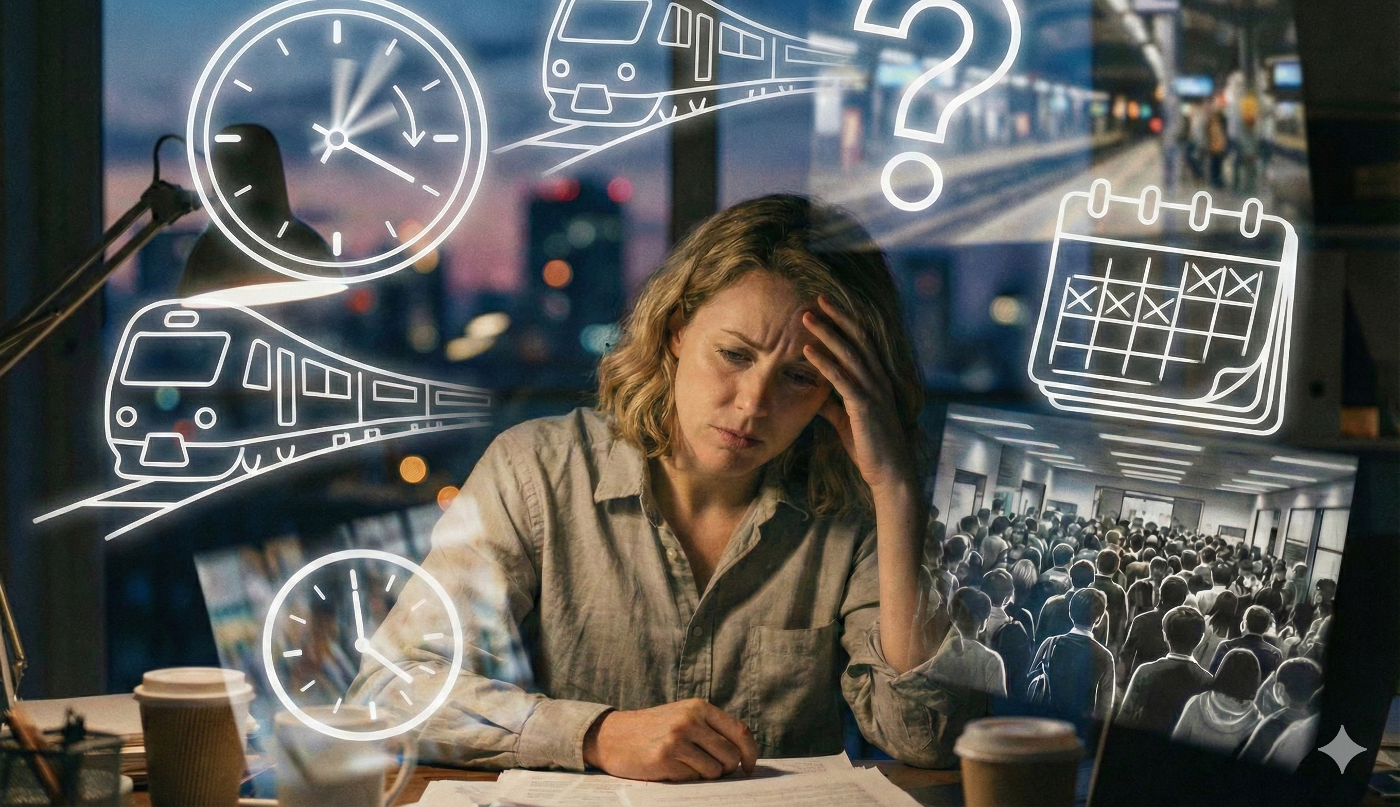 Een vrouw die overweldigd is door de logistieke planning die nodig is om naar kantoor te gaan.